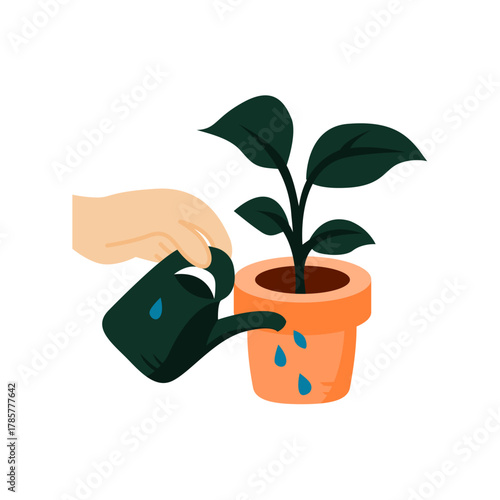 A hand watering a small green plant in a brown clay pot, cozy plant care illustration