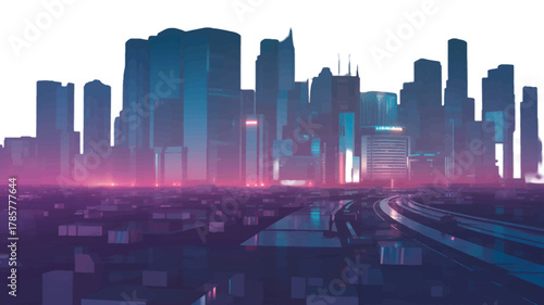 Futuristic city skyline at night glowing with neon lights perfect for science fiction and cyberpunk themes