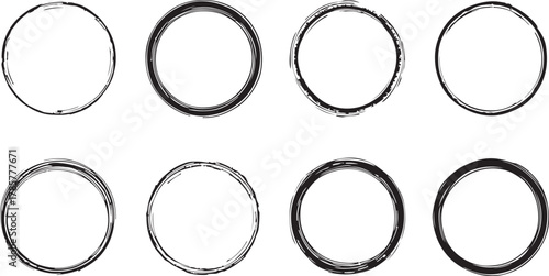 Collection of Eight Grunge Circles with Textured Edges on White Background rough border