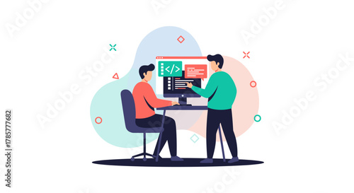 Two individuals collaborate on a computer, likely engaged in software development or coding, with a focus on teamwork and technology.