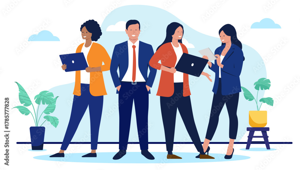 Obraz premium Smiling business team of professional people standing together with laptops, ready for teamwork and success. Group of businesspeople concept in flat design vector illustration