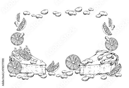 Chocolate syrup drizzled cheesecake, souffle torte slice with orange, candy bonbons, and cocoa bean dragees. Hand drawn in vector ink. Isolated corner frame for culinary stickers, food-themed packs.
