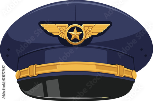 Cartoon Peaked Cap with Gold Winged Star Emblem, Joyful Mood, One-Panel Aviation or Military Uniform Vector Illustration Design