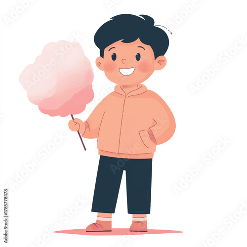Happy boy holding cotton candy smiling cheerfully enjoying the sweet treat.