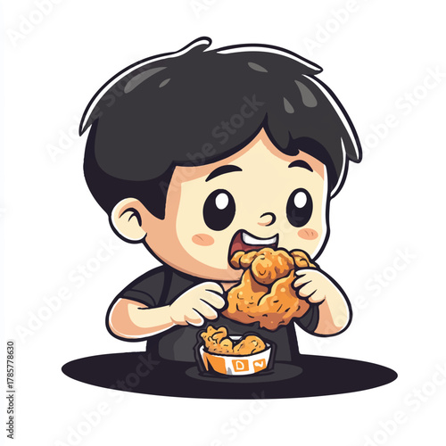  Happy child eating fried chicken enjoying delicious meal time