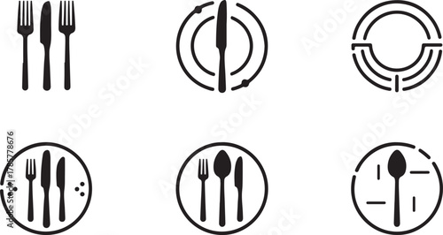 Collection of six black and white icons representing cutlery and dining arrangements on a white background
