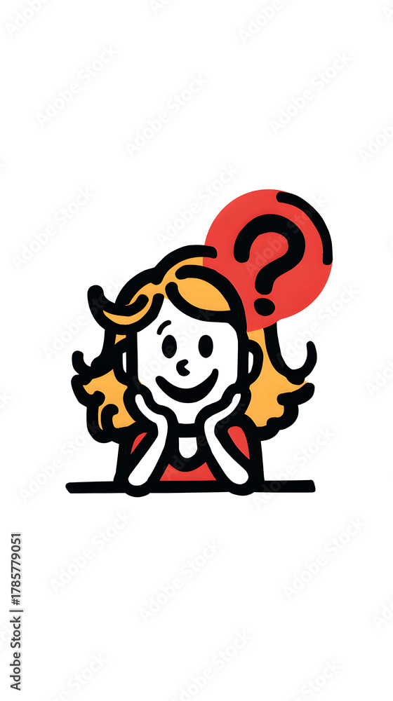 Fototapeta premium Ilustración de chica pensativa con signo de interrogación rojo sobre fondo blanco