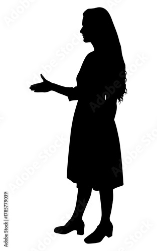 Woman silhouette offering hand for greeting and successful partnership. Vector illustration
