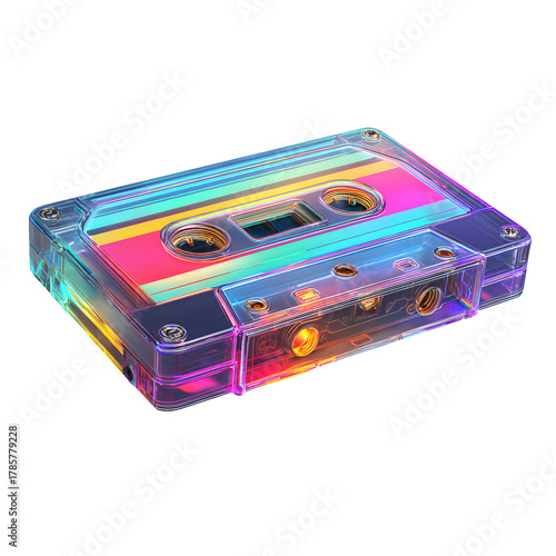 Retro cassette tape: A vibrant cassette tape glows with colorful, radiant stripes, a nostalgic echo of a musical era. Its transparent casing provides a captivating view.