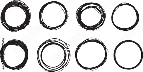 Eight Hand Drawn Scribbled Circles of Varying Thickness on White Background sketch rough