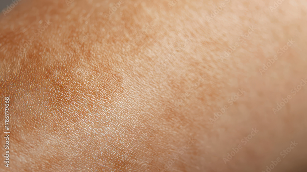 Fototapeta premium Close-up of human skin texture highlighting fine hair and natural pigmentation variations on a warm toned surface