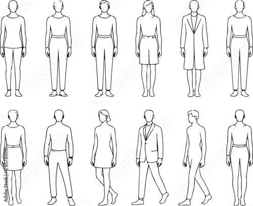 Generic human figures outline set for various poses and attire design elements