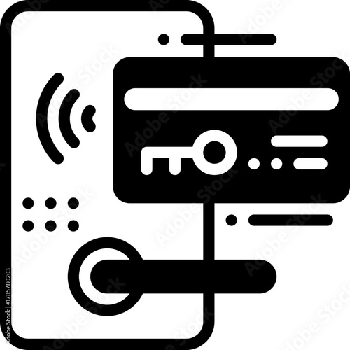 Solid line icon of hotel door lock with keycard access, used in hospitality or security themes.