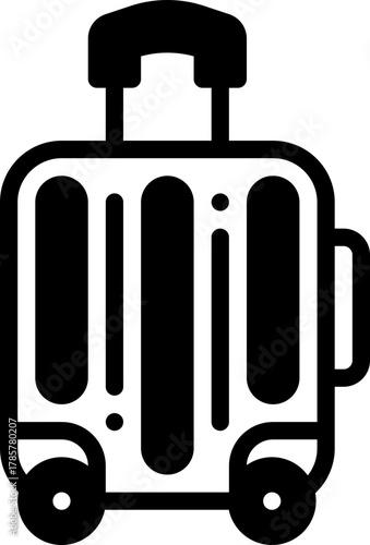 Minimal Solid line icon of travel luggage with wheels and handle, ideal for vacation themes.