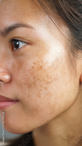 Close-up of a woman's face highlighting skin texture, freckles, and pigmentation with natural lighting and neutral background