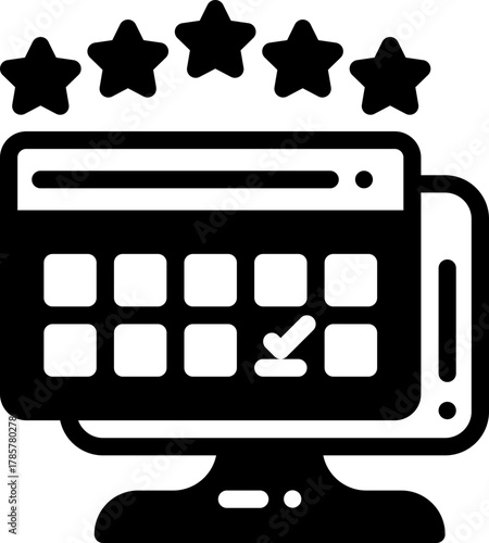 Booking calendar on computer with 5 stars icon in Solid line style, for travel or hotel apps.