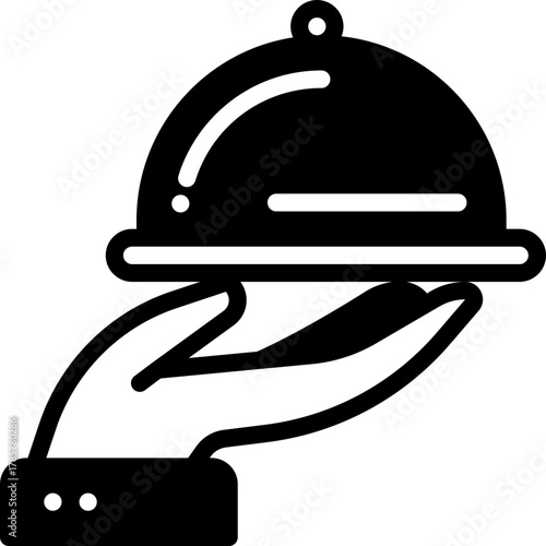 Minimal Solid line icon of hand holding food tray with lid, for hotel room service or catering.