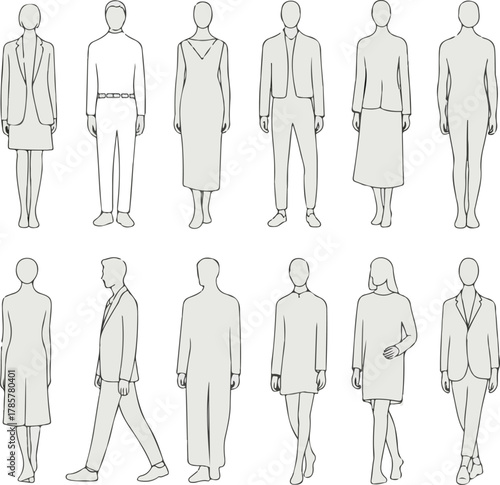 Minimalist vector illustration of diverse human figures in various poses and attire