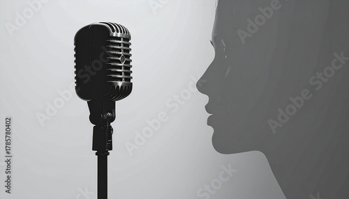 Vintage microphone and silhouette of a person's face