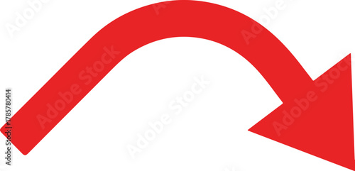 Red curved arrow pointing downwards and to the right on a white background direction