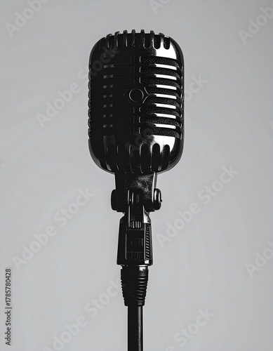 Vintage microphone against a gray background.
