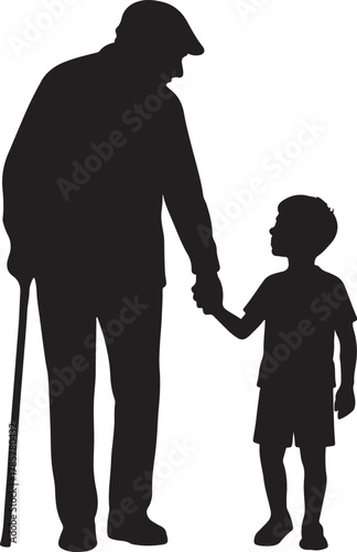 Elderly man with cane holding hand of young boy, showing generation bond