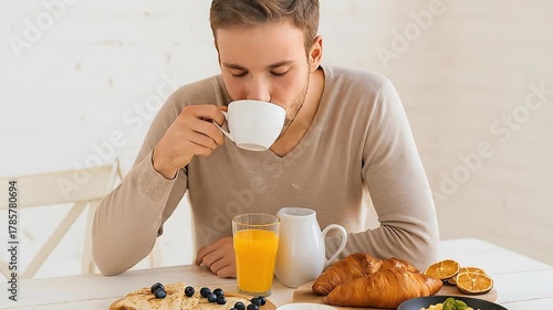 Young Man Enjoying a Peaceful Morning Breakfast, Sipping Coffee or Tea with Fresh Orange Juice, a Croissant, and Blueberries on a Bright White Table