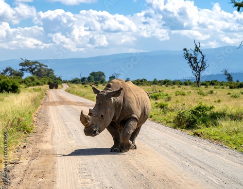 Large rhino crossing a dirt road under a sunny, clouded sky