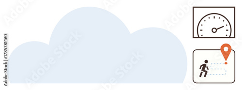 Large cloud with a speedometer symbolizing speed and performance, alongside navigation showing a user reaching a destination. Ideal for cloud computing, performance, navigation, tracking, technology