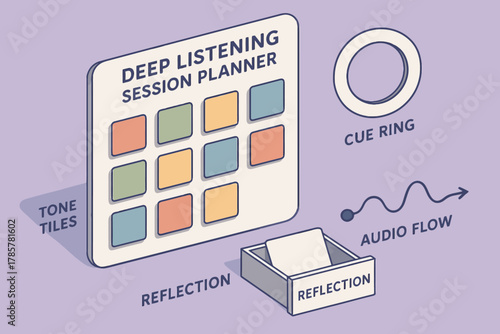Deep listening session planner with cue ring, tone tiles, and audio flow