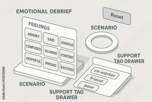 Emotional debrief tools with feelings and support tags for mental wellness