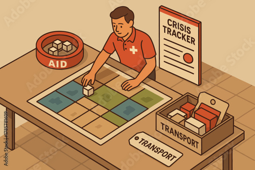 Male aid worker managing crisis tracker and resources on map
