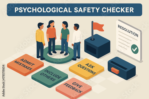 Psychological safety checker illustration promoting workplace communication and team inclusion