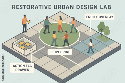 Restorative urban design lab with diverse team illustrating equity overlay concepts