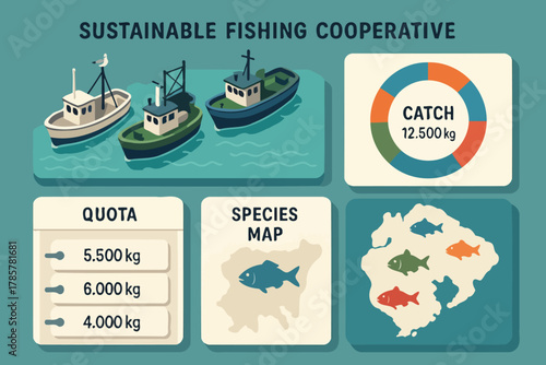 Sustainable fishing cooperative infographic with quota and species data