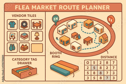 Flea market route planner illustration with booth layout and vendor tiles