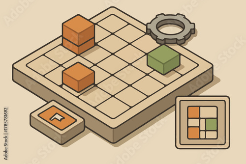 3d puzzle game interface with blocks and gear in isometric design