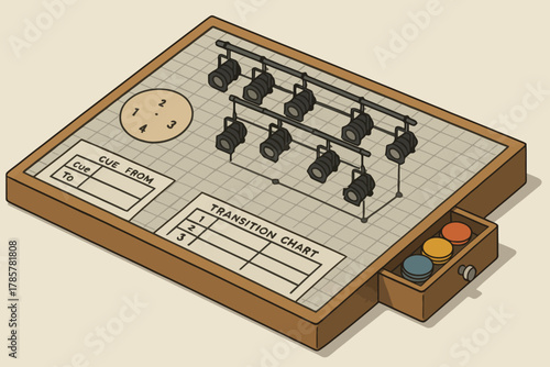 Vintage quirky control panel with buttons and transition chart illustration