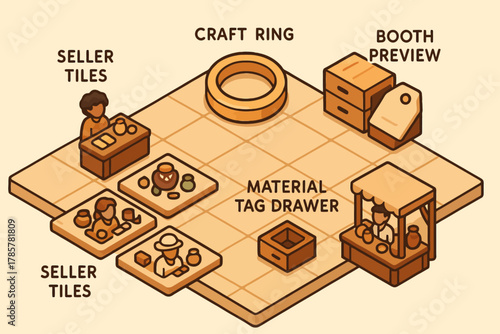 Isometric craft fair layout with seller stands and materials