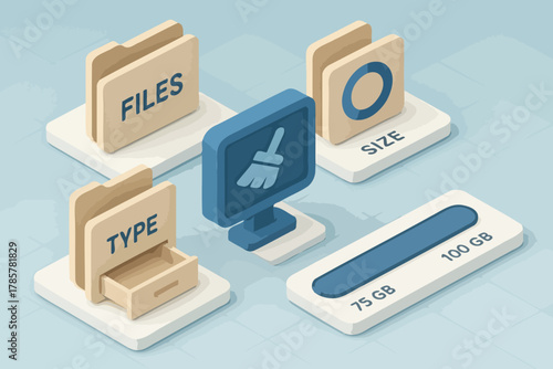 Digital file management icons: type, size, and storage visualization