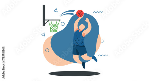 An illustration captures a basketball player mid-air, poised to shoot the ball towards the hoop, showcasing action and athleticism in a dynamic vector design.