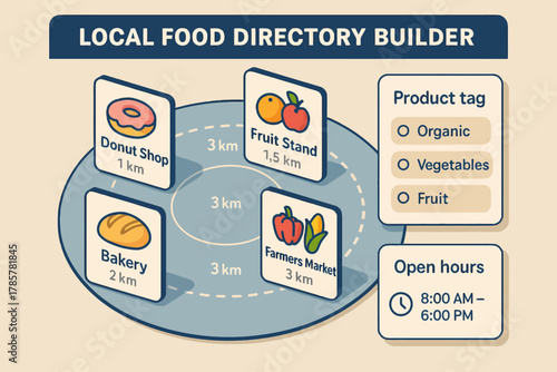 Local food directory builder: navigating nearby shops with distance and categories