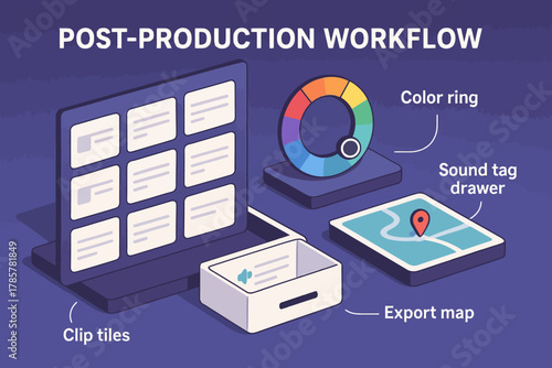 Colorful post-production workflow concept with tools and graphics
