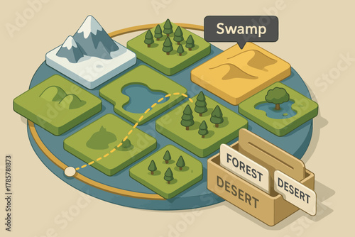 Illustrated game map with swamp, forest, desert, and mountain terrains