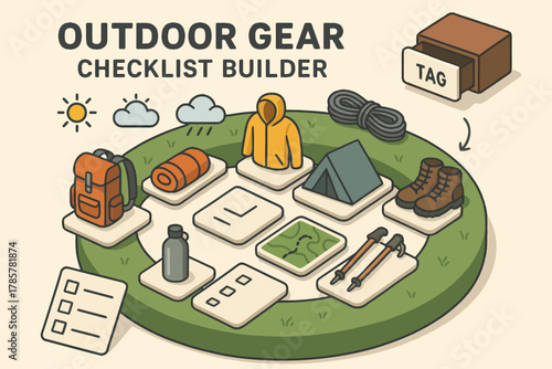 Outdoor gear checklist builder: backpack, tent, jacket, tools, weather icons
