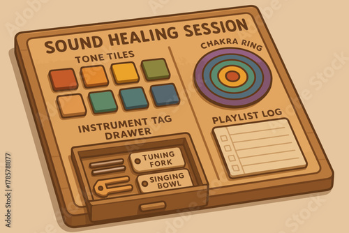 Sound healing session kit with chakra ring and instrument tags on wooden board