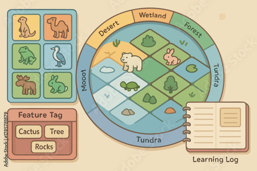 Educational animal habitat chart for kids with illustrated wildlife and notes section