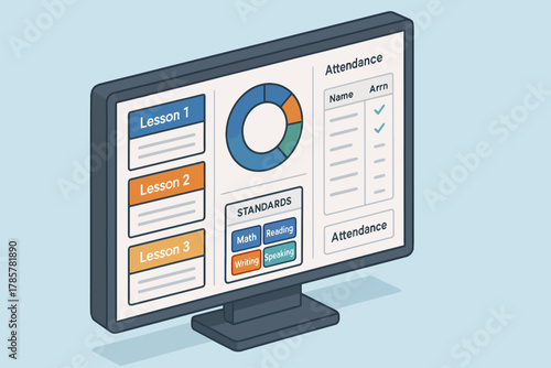 Digital classroom interface showing lessons, standards, and attendance on monitor
