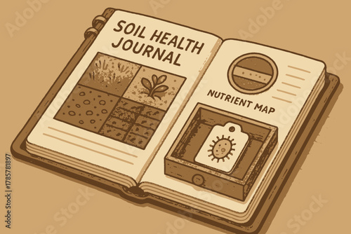 Open soil health journal with nutrient map and plant diagram
