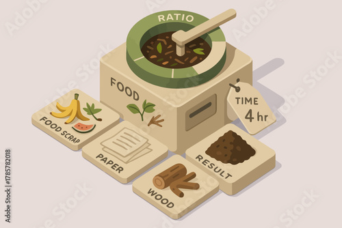 Composting process diagram with food, paper, and wood elements